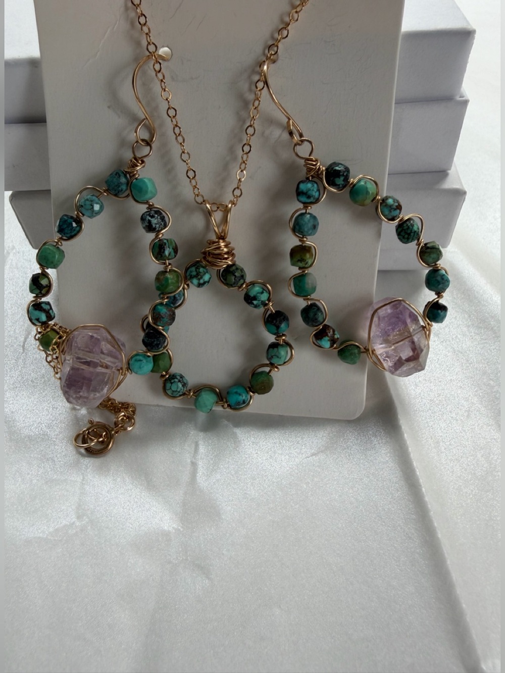 Artisan Handmade Turquoise and Amethyst Earring and Necklace Set